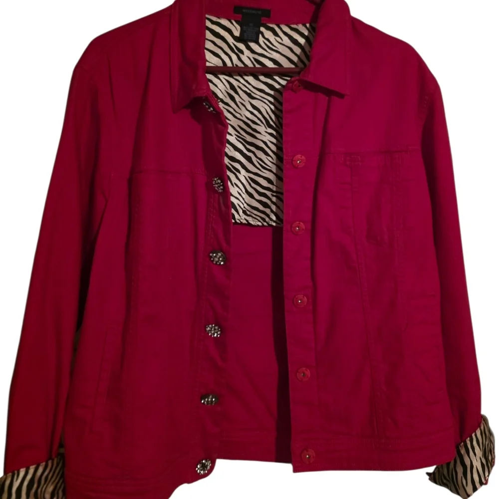 Zebra Lined Collar & Cuffs, Large Sparkle Jeweled Buttons, Red Denim Jacket - Picture 10 of 12